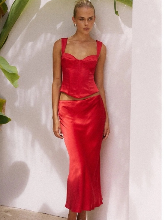 Runaway the Label Dresses & Skirts - Women’s Red Satin Skirt Set with Structured Corset Top
